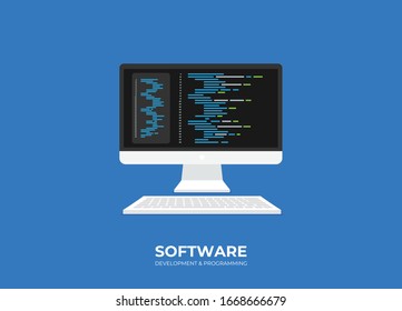 Software development and programming, program code on pc screen, big data processing, computing isometric