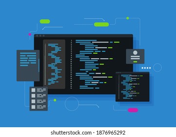 Software development and programming, program code on laptop screen, big data processing, computing isometric