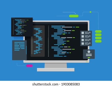 Software development and programming, program code on laptop screen, big data processing, computing isometric