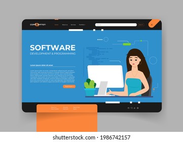 Software development and programming, program code on laptop screen, big data processing, computing isometric