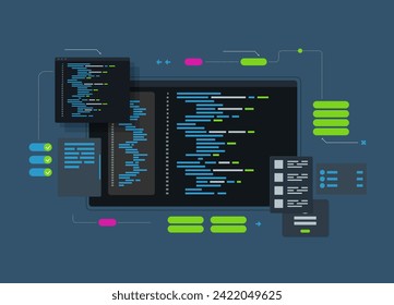 Desarrollo y programación de software, código de programa en pantalla portátil, procesamiento de grandes datos, informática isométrica