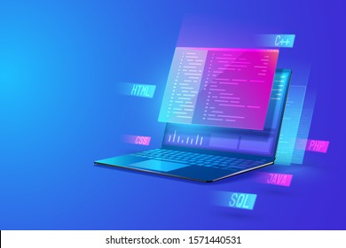 Software development programming, program coding, processing of programming languages on laptop concept. web development and data processing Isometric vector illustration.