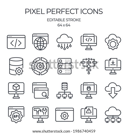 Software development related editable stroke outline icons set isolated on white background flat vector illustration. Pixel perfect. 64 x 64.