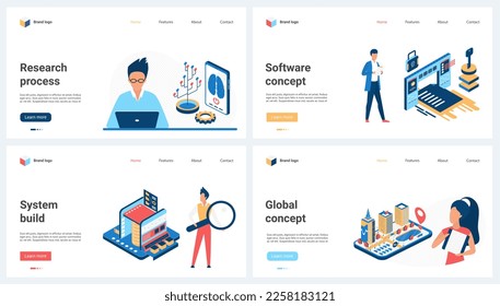 Desarrollo de software, proceso de investigación de la construcción de sistemas globales, conjunto de ilustraciones vectoriales. Las personas diminutas de las caricaturas trabajan con futuros modelos de ciudades, sistemas inteligentes que usan cerebro digital y tecnología de IA