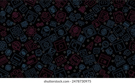 Software development seamless pattern with line icons. Programming language background, application, computer program develop vector illustration. Outline wallpaper for website design.