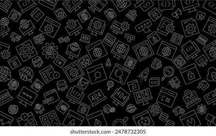 Software development seamless pattern with line icons. Programming language background, application, computer program develop vector illustration. Outline wallpaper for website design.