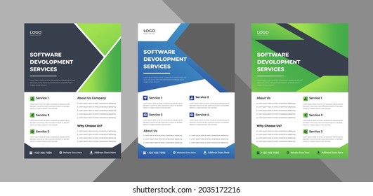 paquete de plantillas de volante de servicios de desarrollo de software. folleto de la agencia de software 3 en 1 diseño. paquete, 3 en 1, plantilla a4, diseño de folletos, portada, volante, afiche, listo para imprimir