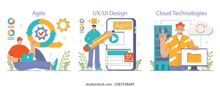 Software development set. Coding, back-end and front-end engineering or programming. Software script and algorithm development. Flat vector illustration