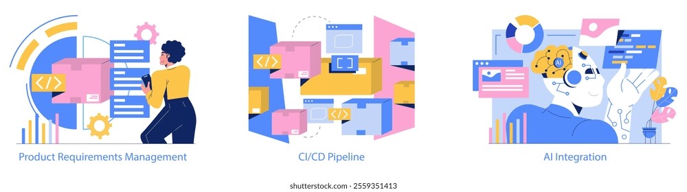 Software Development set. Illustrates stages from product requirements to AI integration in software engineering. Vector illustration.