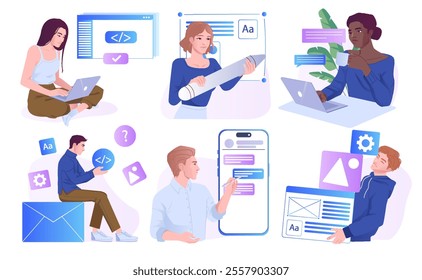 Software Development. Set of men and women programmers, web designers and engineers writing code and creating digital product or website. Cartoon vector illustration collection isolated on background