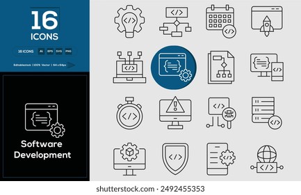 Software Development Set of outline icons related to analysis, infographic, analytics. Editable stroke. Vector illustration. 