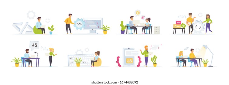 Software development set with people characters in various scenes. Software design and architecture in IT company. Programmer coding at laptop. Bundle of web development and programming in flat style.