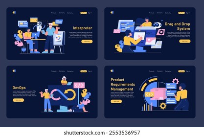 Software Development set. Professionals working with AI, DevOps, system tools, and project requirements. Digital technology in creative enterprise solutions. Vector illustration.