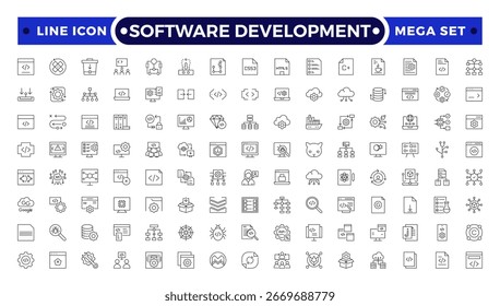 Software Development set of web icons in Outline style. Developer icons for web and mobile app. Code, api, programmer coding, app, flow, node connect, web coder, bug fix and more.
