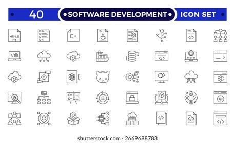 Software Development set of web icons in Outline style. Developer icons for web and mobile app. Code, api, programmer coding, app, flow, node connect, web coder, bug fix and more.
