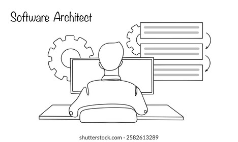 A software development specialist who is responsible for designing the structure of a software product. A man works as a software architect. Simple line vector illustration.