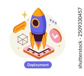 Software development stage. Process of developing application or program. Deployment and promoting on internet. Isometric 3D vector illustration isolated on white background