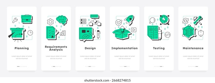 Estágios de desenvolvimento de software aplicativo móvel em telas integradas. Planejamento de estratégia. Análise, estatísticas. Design de interface de usuário plana, realce verde com ícones de contorno conceitual