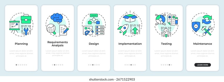 Software development stages onboarding mobile app screen. Walkthrough 6 steps editable graphic instructions with linear concepts. UI, UX, GUI