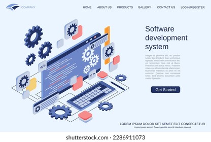 Software development system, program coding, application engineering modern 3d isometric vector concept illustration. Landing page design template