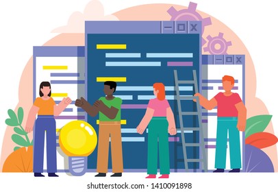 Software development team, coding. People stand near big pages with code. Poster for social media, banner, presentation, web page. Flat design vector illustration