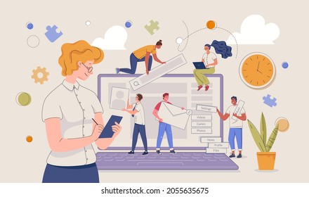 Software development team concept. Interface design, layout and programming, testing and support of sites and applications. Vector flat cartoon illustration with people characters.