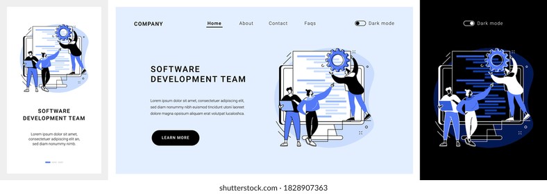 Kit de interfaz de usuario del sitio web del equipo de desarrollo de software. Trabajo en equipo remoto, equipo digital a petición, desarrollador de software profesional, certificado, contrato de aterrizaje de empresa de outsourcing y plantilla de interfaz de usuario vectorial de aplicación móvil.