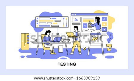Software development team work together. Developer testing new software. Dashboard, analysis, teamwork, programmer, technology. Vector web site design template. Landing page website illustration