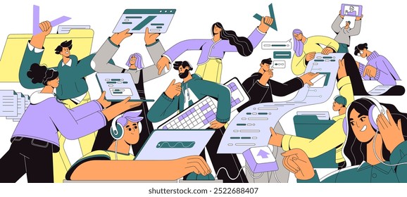 Software development teamwork. Programmers work together. Engineer team programming, coding with laptops. People write code, script for web. Flat isolated vector illustration on white background