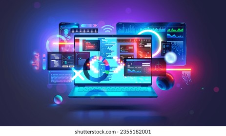 Software development technology. App programming on laptop for mobile phone, tablet. Program code interface dev on screen laptop, phone, tablet. Software developer laptop connected with phone, tablet