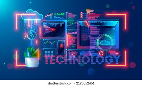 Software development technology concept. Programming, coding, testing application for mobile devices. Laptop, phone, tablet on table top view. Abstract design elements of interface on screen computer.