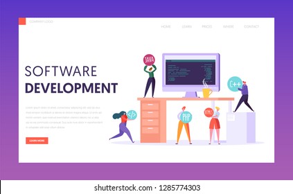 Software Development Technology Teamwork Stack Landing Page. Monitor on Office Desk. Proffesional Webdesign Freelance Team Environment for Website or Banner Flat Vector Illustration