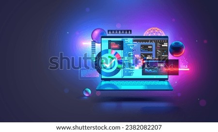 Software development technology. Web design, programming coding concept. Program code on screen laptop, code of program, data, interface elements on screen laptop. Software development tech concept.