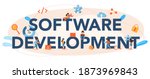 Software development typographic header. Idea of programming and coding, system development. Digital technology. Software developing company writing code. Isolated vector illustration