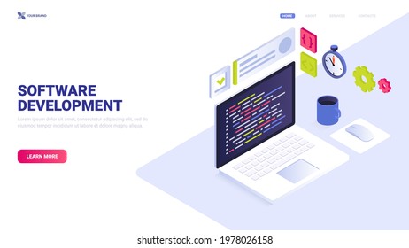 Software development vector concept. Isometric illustration for website, landing page, banner. Hero image design. Coding, programming, application development.