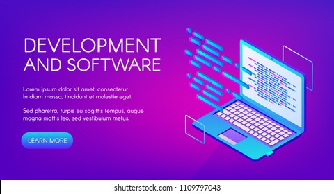 Software development vector illustration of computer digital technology. Programming language or script code for operation system and internet or web applications on purple ultraviolet background