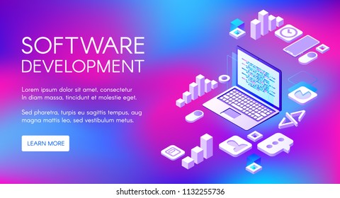 Software development vector illustration of digital programming technology for computer, internet browser and web applications. Script code for operation system on purple ultraviolet background