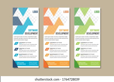 Software development vertical banner use triangle and diagonal element. Space for photo with transparency element use blue, orange and green colors. white background.