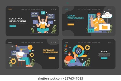 Software development web banner or landing page dark or night mode set. Coding, back-end and front-end engineering or programming. Software script and algorithm development. Flat vector illustration