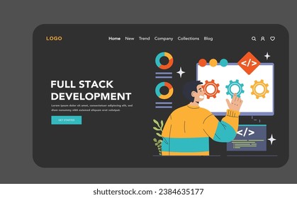 Software development web banner or landing page dark or night mode. Coding, back-end and front-end engineering or programming. Software script and algorithm development. Flat vector illustration