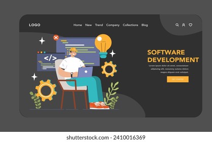 Software development web banner or landing page dark or night mode. Coding, back-end and front-end engineering or programming. Software script and algorithm development. Flat vector illustration