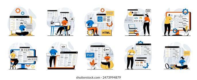 Software development web concept with people scenes mega set in flat design. Bundle of character situations with program and apps creating, engineering and optimization products. Vector illustrations.