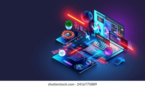 Software development, web design, programming concept. Abstract software develop programming api interface, program code, elements interface website on laptop, tablet, phone. Software development