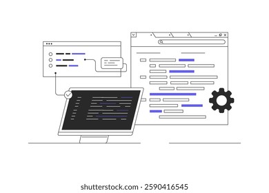 Software Development. Web developer creating program code on monitor. Flat Cartoon Vector Illustration, icon. Stylish abstract Flat design for website