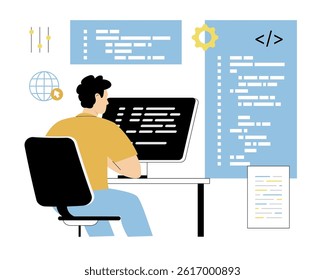 Software Development. Web developer creating program code on monitor. Vector illustration on isolated white background.	
