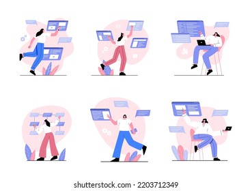 Software development and web programming concept. Set of people coding and working with CMS architecture. Flat graphic vector illustration of backend engineers isolated on white background