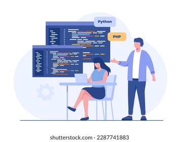 Software development. Web programming languages. css, html, it, ui. programmer cartoon character developing website, coding. flat illustration banner