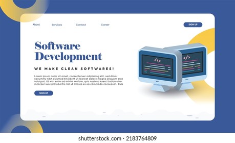 Software development. Software development webpage. Coding development company. Webpage template. We help develop your software. Development of software and programming. Program code on monitor.