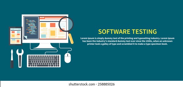 Software Development Workflow Process Coding Testing Analysis Concept Banner In Flat Design