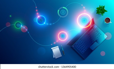 Software development, working on laptop. Night workplace of coder top view . programming of online internet website. Desktop application design concept. Abstract computer icons hovered over keyboard